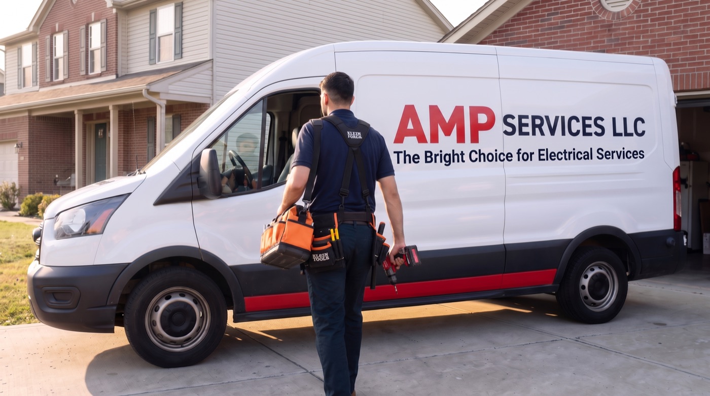 Electrician walking from the AMP Services van toward the front door of a brick house