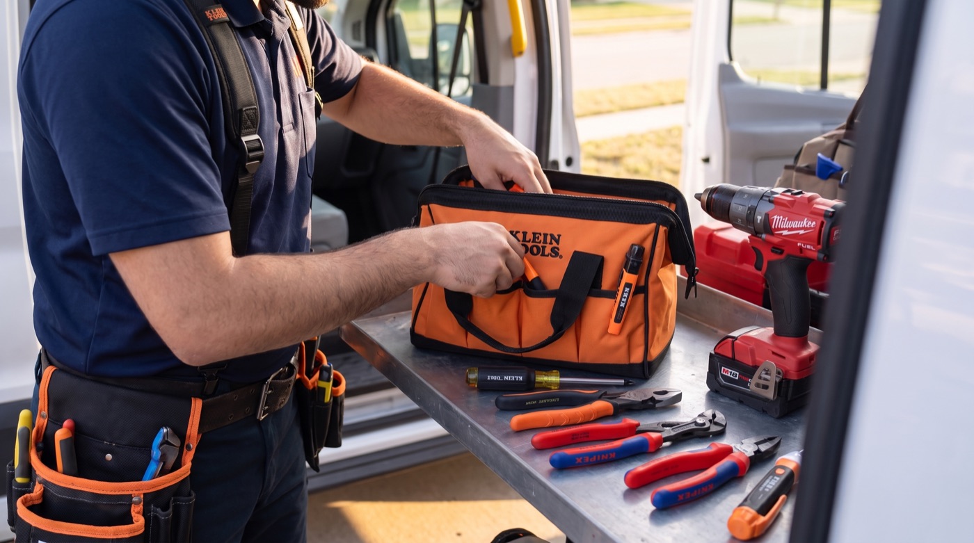 Klein Tools bag being loaded with Klein and Knipex pliers, a voltage tester and a Milwaukee M18 drill