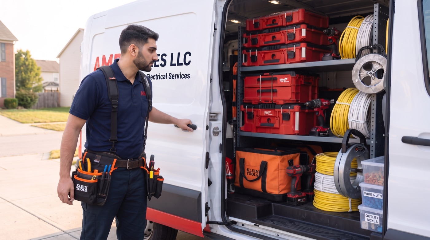 The AMP Services van with its side door open, shelving stocked with Milwaukee PACKOUT boxes and cable reels