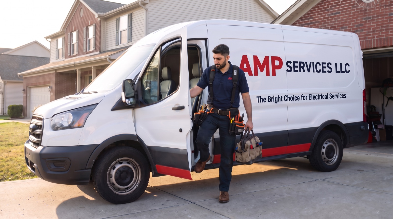 AMP Services electrician stepping out of the company van in a suburban Indianapolis driveway